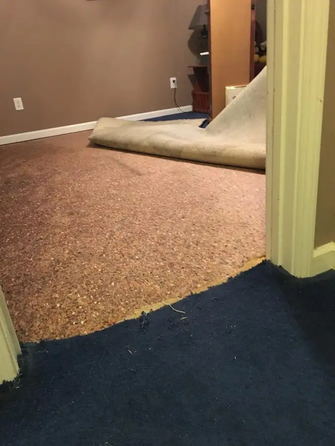 Carpet pad removal revealing water damage during Water Mitigation Services in Waldorf